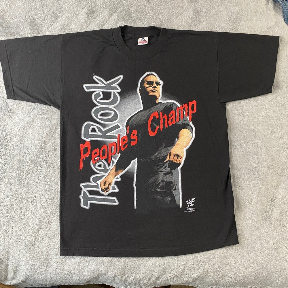 Vintage The Rock T-Shirt Mens L Black Peoples Champ 1999 WWF Alstyle 90s Graphic
